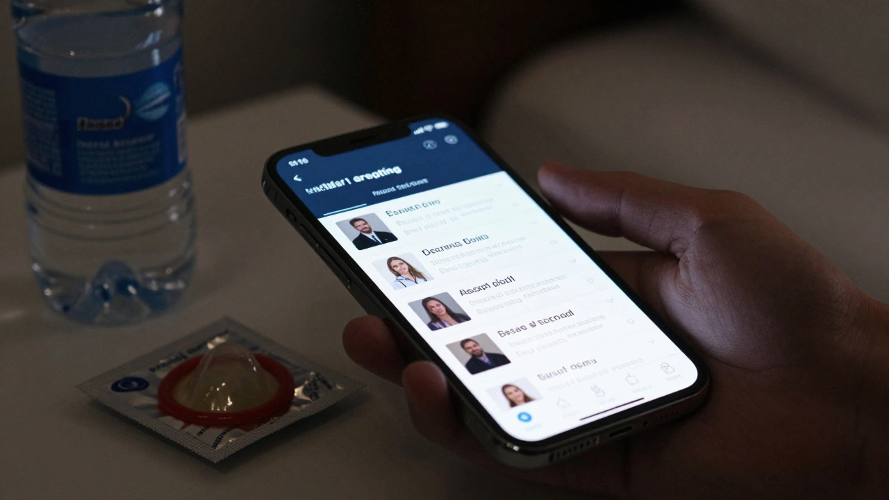 Smartphone screen showing a verified escort profile with reviews and safety items nearby.