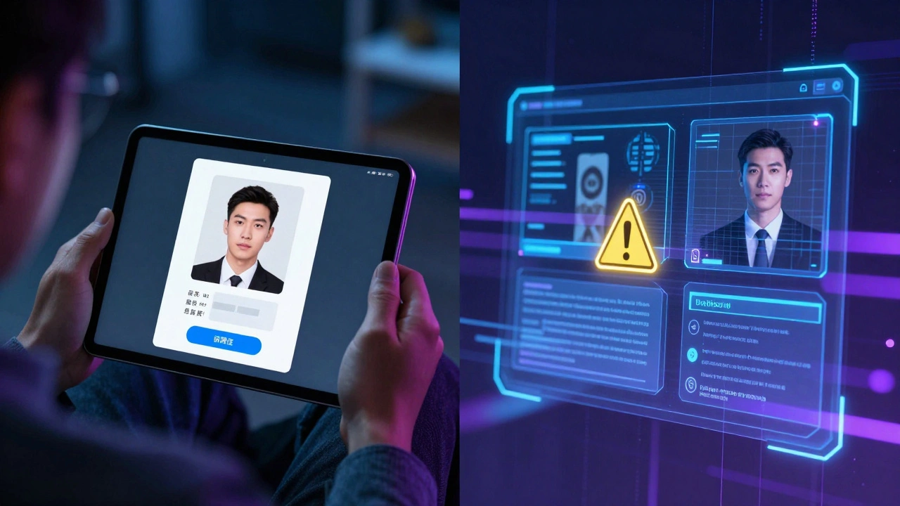 Split-screen of person verifying identity and AI scanning content with warning flags in a digital interface.