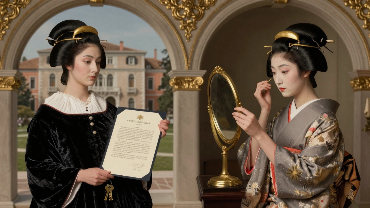 Symbolic contrast: a courtesan with property keys and a geisha applying makeup.