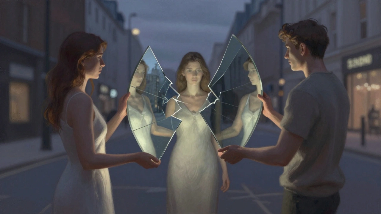 Three abstract figures stand in a circle of light in London, symbolizing acceptance beyond societal beauty standards.