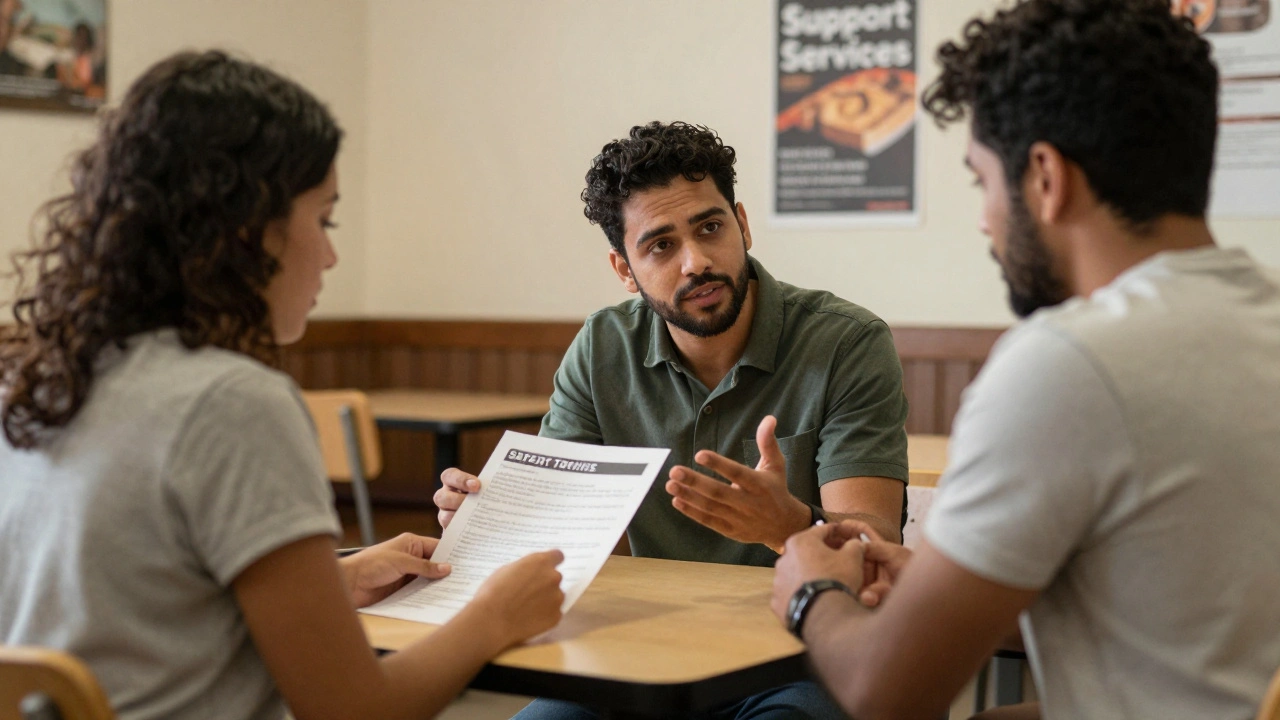 Three people in a community center discussing safety and support resources for sex workers.