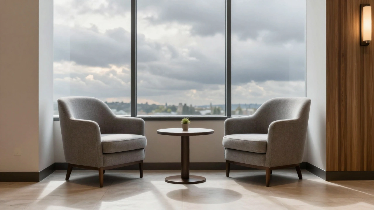Two empty chairs in neutral hotel lobby waiting area