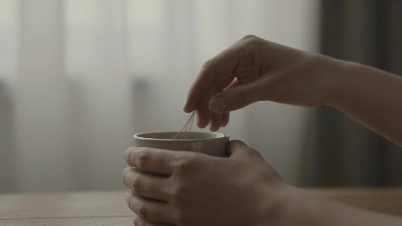 Two hands sharing a tender, wordless moment — brushing hair, holding a mug — in warm morning light.
