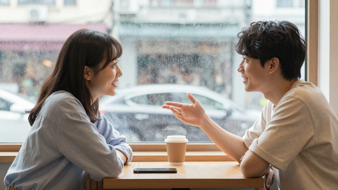 Two individuals having a heartfelt conversation at a café window, rain blurring the outside world.