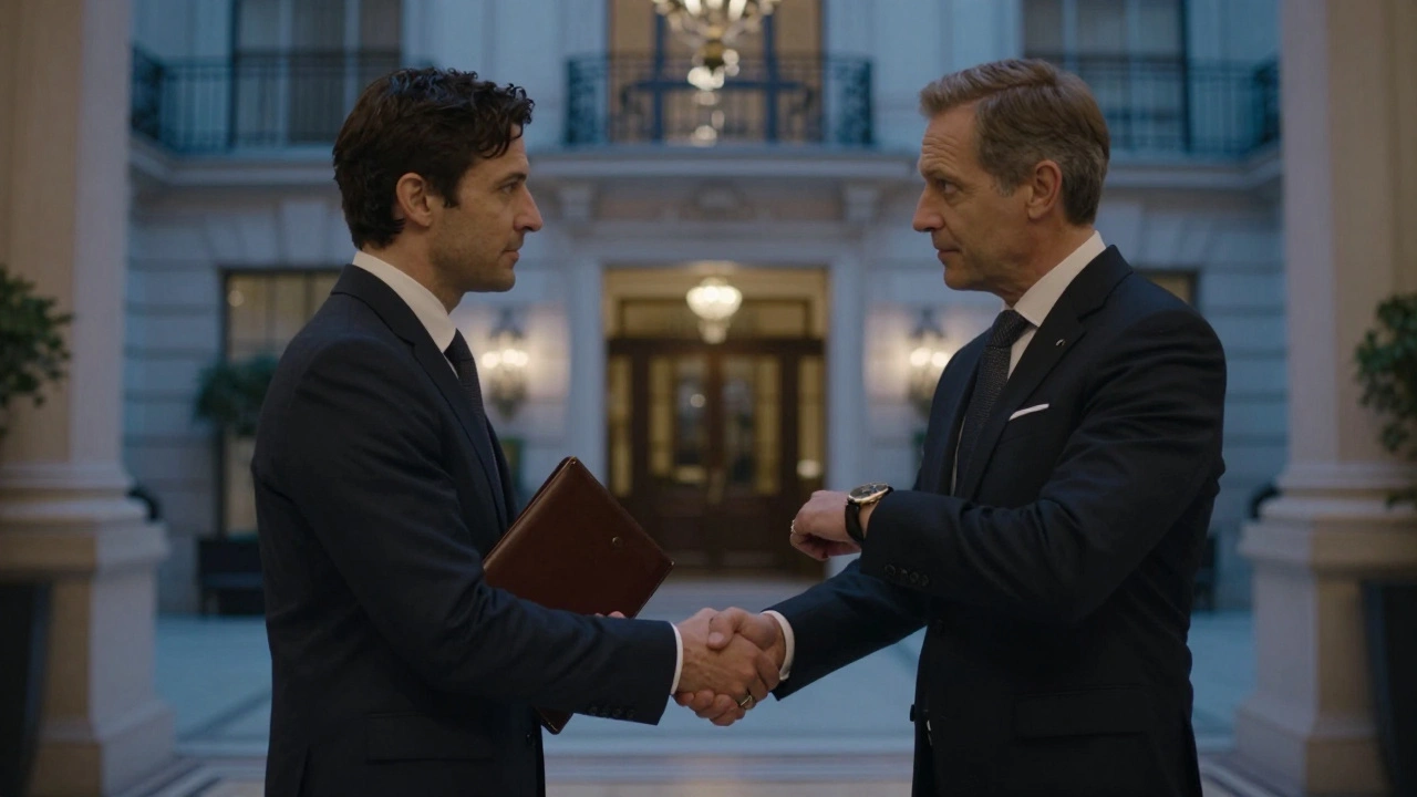Two individuals meeting discreetly in a luxury London hotel lobby, exchanging a polite greeting under soft ambient lighting.