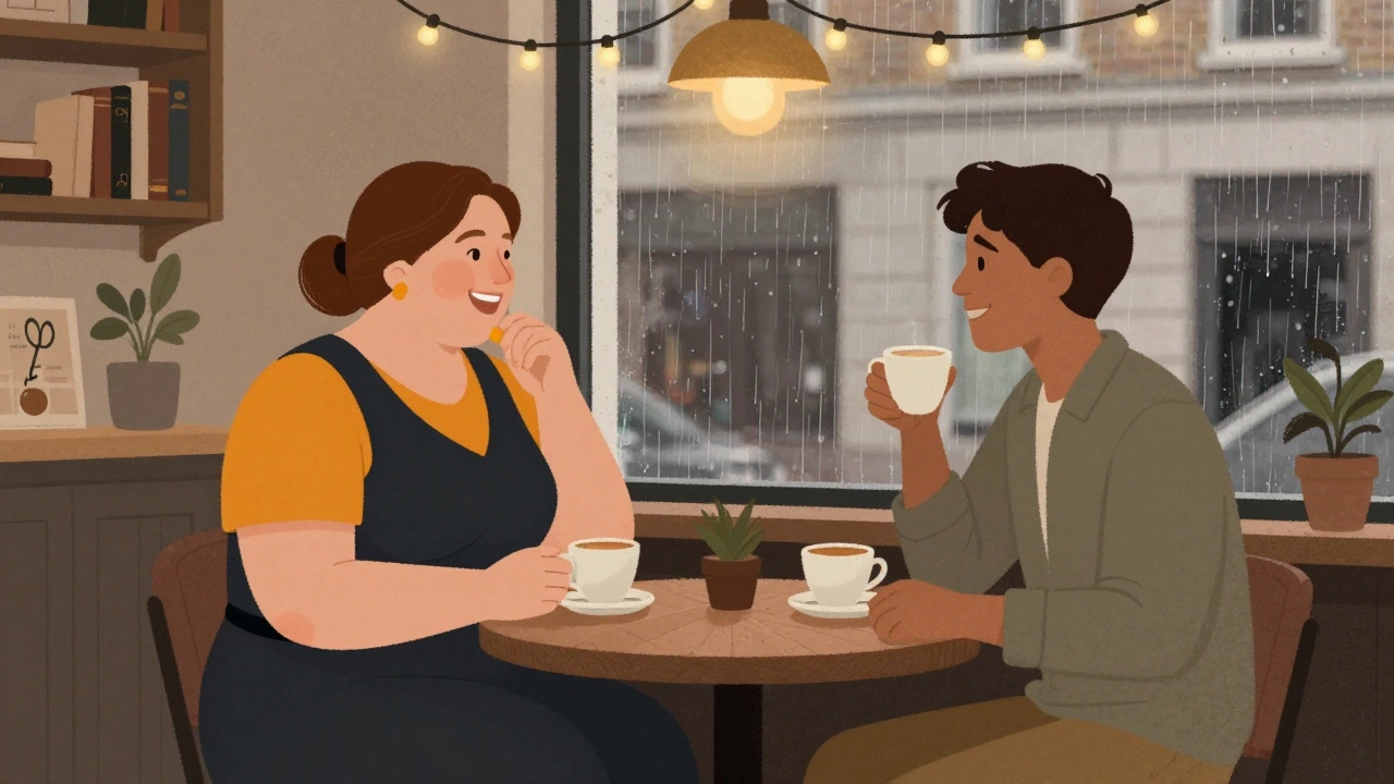 Two people share a warm, genuine conversation over coffee in a London café, surrounded by soft lighting and books.