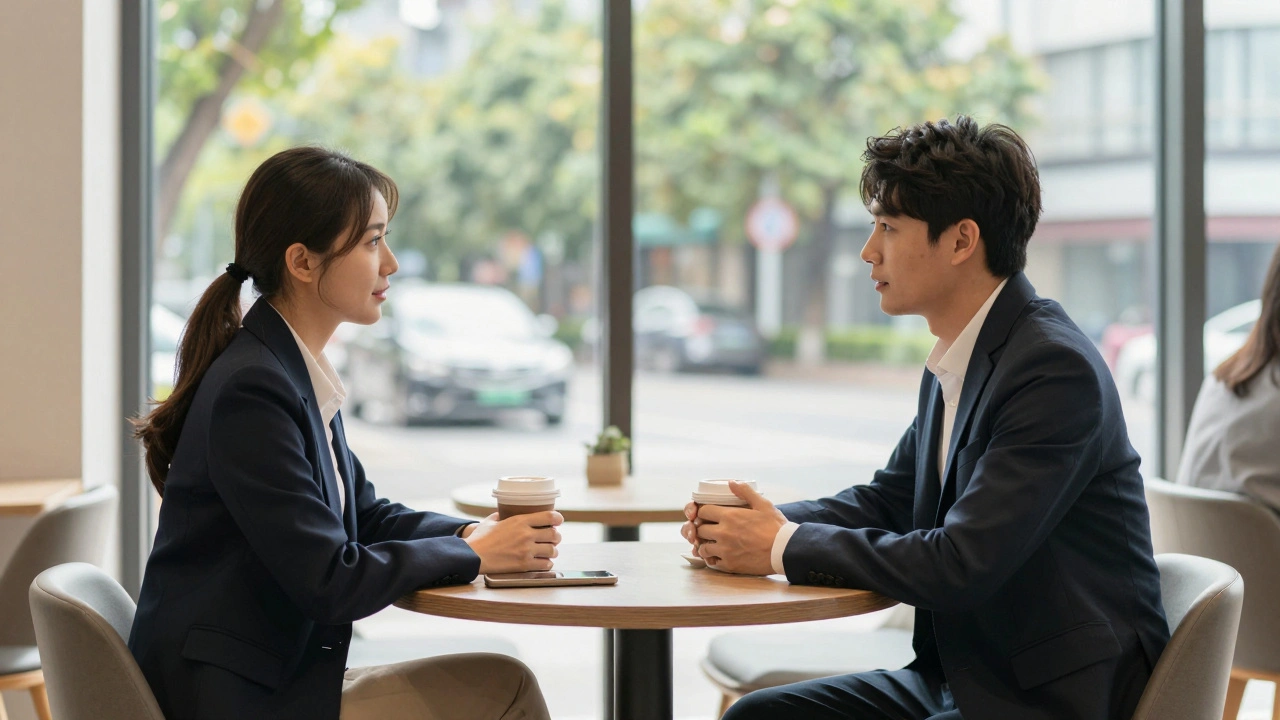 Two people talking at a table in a bright cafe