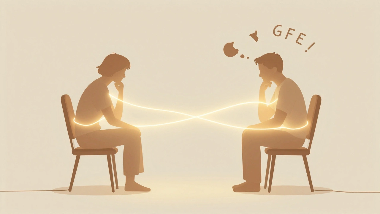 Two silhouettes connected by a glowing thread, symbolizing emotional presence without physical contact.